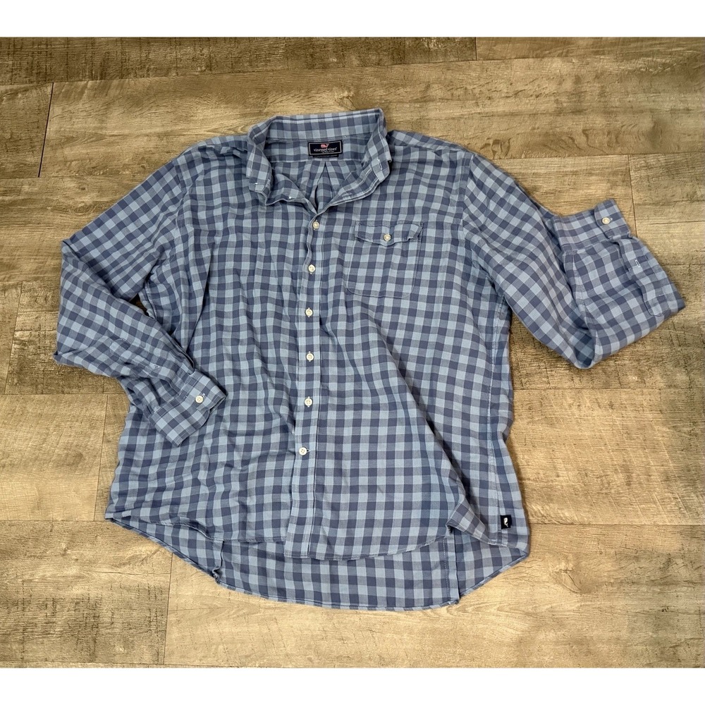 Vineyard Vines Slim Fit Crosby Shirt‎ Cotton Linen Blue Plaid Long Sleeve XL